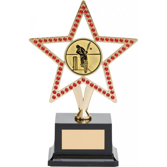 GOLD STAR CRICKET TROPHY - WITH REAL GEMSTONES! AVAILABLE IN 5 COLOURS